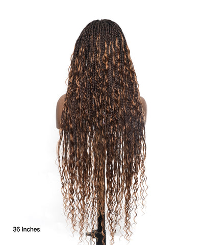 Perruque tressée carrée bohème sans nœuds, cheveux humains, base triangulaire, boucles bohèmes 36" HD, densité totale, 99 mèches