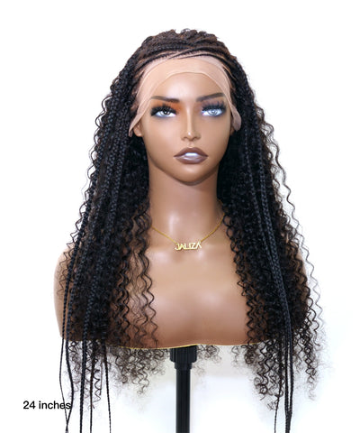 Perruque tressée de style cornrow, en cheveux humains entièrement décolorés, avec dentelle.