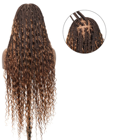 Perruque tressée de type "box braids" avec boucles bohèmes en cheveux humains sans nœuds, à base triangulaire et dentelle complète, sans emmêlement, 36" (États-Unis seulement)