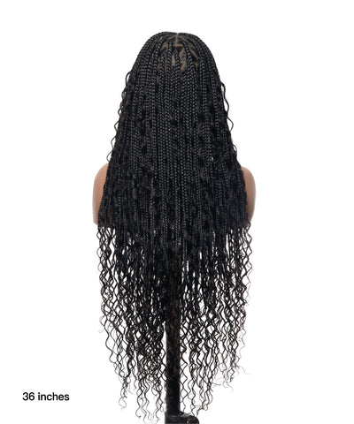 Perruque tressée de type "box braids" avec boucles bohèmes en cheveux humains sans nœuds, à base triangulaire et dentelle complète, sans emmêlement, 36" (États-Unis seulement)