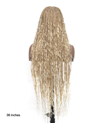 Article en liquidation - Perruque tressée boîte bohème sans nœuds avec boucles bohèmes, cheveux humains, base triangulaire HD, dentelle intégrale, 36"