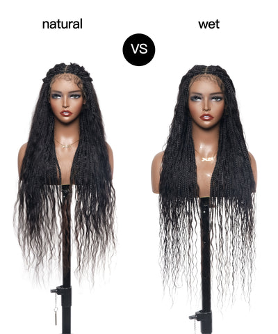 Perruque tressée boîte bohème sans nœuds, cheveux humains ondulés humides, boucles bohèmes, dentelle HD, sans enchevêtrement, très haute densité, 36"