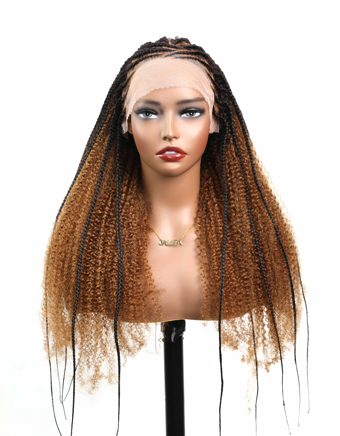 Perruque tressée de style cornrow, en cheveux humains entièrement décolorés, avec dentelle.