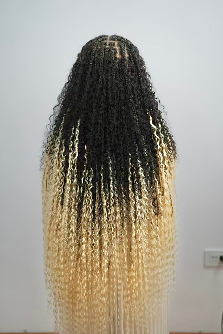 Perruque tressée Diane's 36" avec dentelle, cheveux humains pré-décolorés, style bohème ombré (très volumineuse)