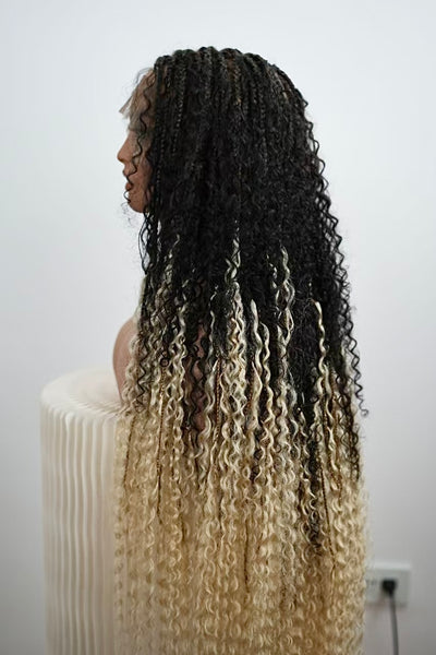 Perruque tressée Diane's 36" avec dentelle, cheveux humains pré-décolorés, style bohème ombré (très volumineuse)