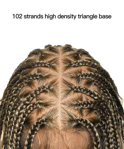 Close-up top view of JALIZA 36-inch high density triangle base knotless boho box braided wig in honey blond 1B/27, showing 102 strands and scalp-like center part