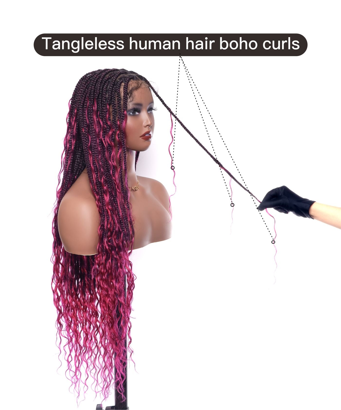 Perruque tressée de grande taille exclusive – Tresses Boho sans nœuds de 90 cm avec boucles Boho en cheveux naturels et dentelle complète HD
