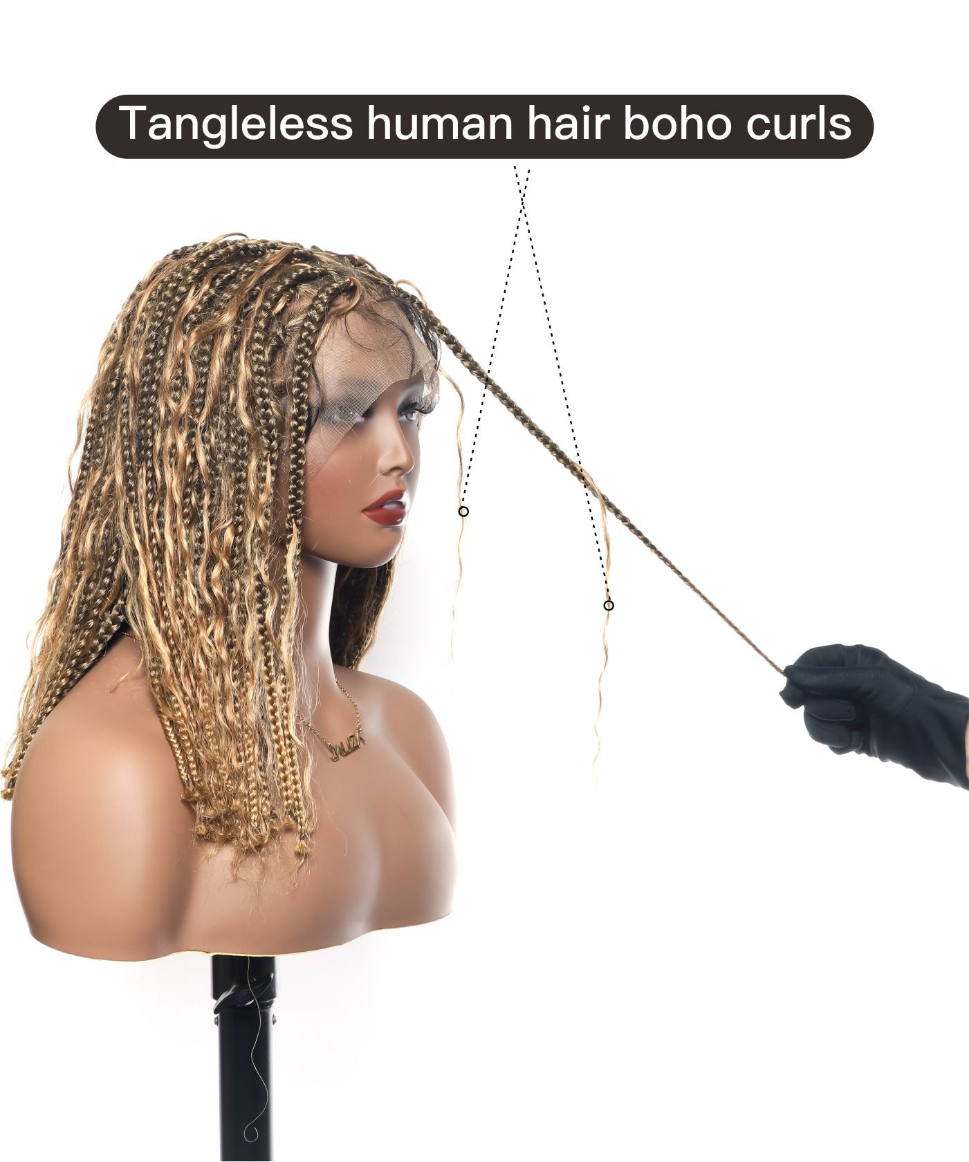 Perruque tressée sans nœuds 102 mèches, base triangulaire haute densité, boucles bohèmes, cheveux humains 14"