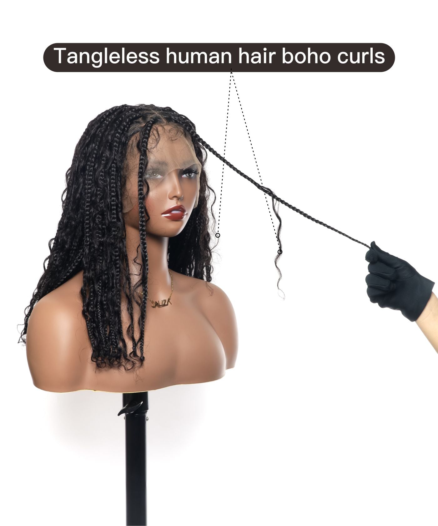 Perruque tressée sans nœuds 102 mèches, base triangulaire haute densité, boucles bohèmes, cheveux humains 14"