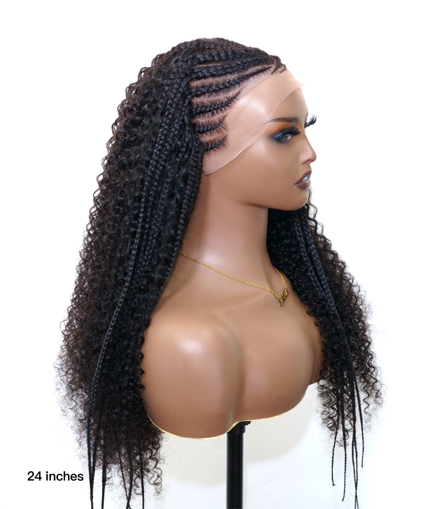 Perruque tressée de style cornrow, en cheveux humains entièrement décolorés, avec dentelle.