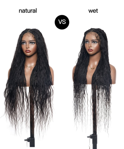 Perruque tressée boîte bohème sans nœuds, cheveux humains ondulés humides, boucles bohèmes, dentelle HD, sans enchevêtrement, très haute densité, 36"