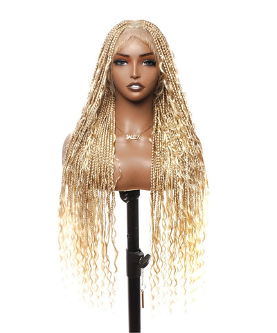 Article en liquidation - Perruque tressée boîte bohème sans nœuds avec boucles bohèmes, cheveux humains, base triangulaire HD, dentelle intégrale, 36"