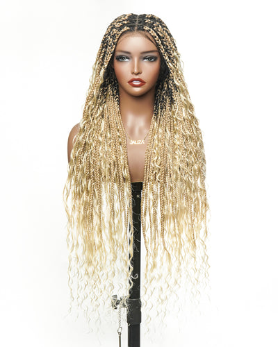 Perruque tressée boîte bohème sans nœuds, 100 % cheveux humains, boucles bohèmes, avec dentelle transparente intégrale et nouée à la main