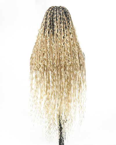 Perruque tressée boîte bohème sans nœuds, 100 % cheveux humains, boucles bohèmes, avec dentelle transparente intégrale et nouée à la main