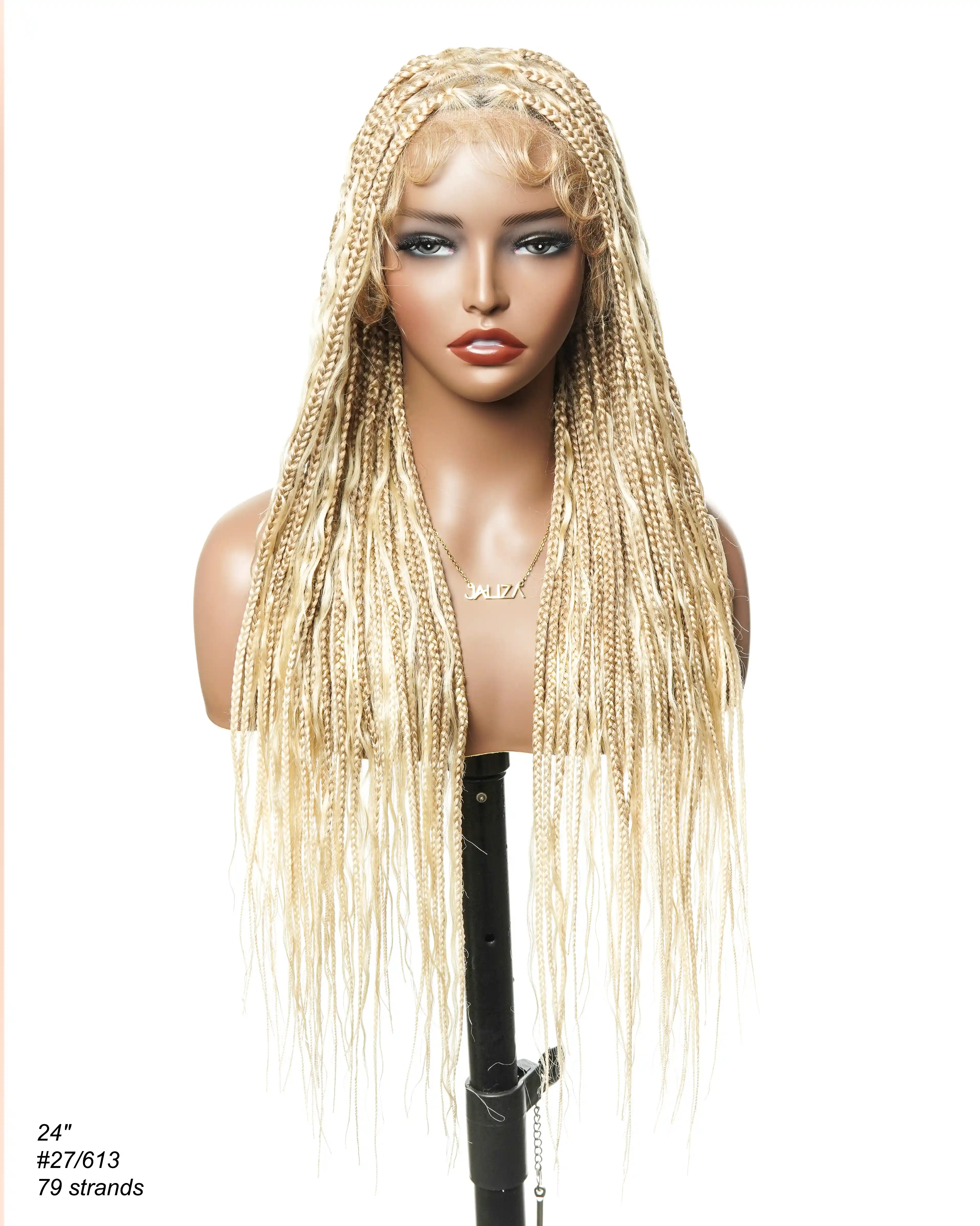 Perruque tressée de couleur 27/613 blond bouclée en forme de boîte boho