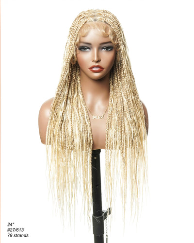 Perruque tressée de couleur 27/613 blond bouclée en forme de boîte boho