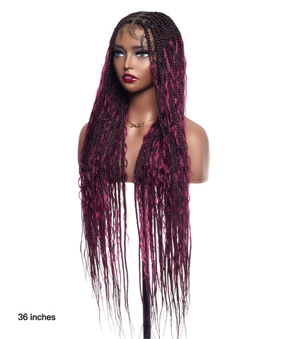 Perruque tressée Human Hair Boho Box en dentelle HD 36 pouces 100 mèches - Bordeaux clair