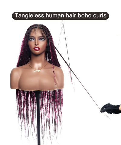 Perruque tressée Human Hair Boho Box en dentelle HD 36 pouces 100 mèches - Bordeaux clair