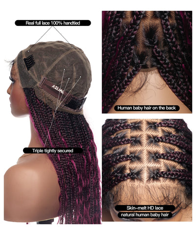 Perruque tressée Human Hair Boho Box en dentelle HD 36 pouces 100 mèches - Bordeaux clair