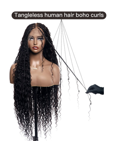 Amanda - Perruque Tressée Bohème sans Nœuds, Cheveux Humains, Bouclés, Dentelle HD Suisse Pré-Décolorée Ultra-Dense