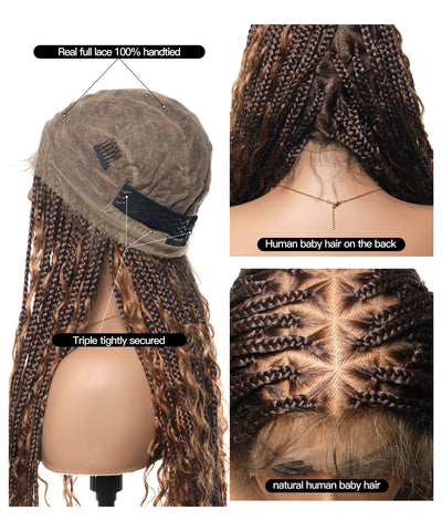 Perruque tressée de type "box braids" avec boucles bohèmes en cheveux humains sans nœuds, à base triangulaire et dentelle complète, sans emmêlement, 36" (États-Unis seulement)