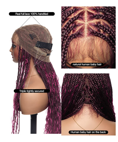 Perruque tressée de type "box braids" avec boucles bohèmes en cheveux humains sans nœuds, à base triangulaire et dentelle complète, sans emmêlement, 36" (États-Unis seulement)