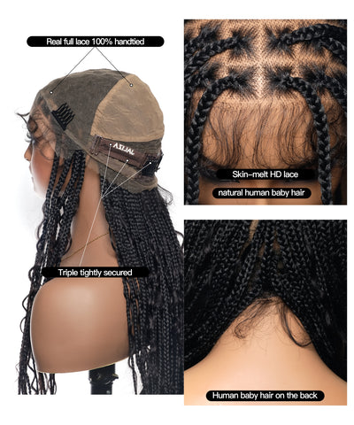 Perruque tressée sans nœuds Boho Curls, cheveux humains sans emmêlement, 32", dentelle HD, 100 mèches - Confort Plus / Dentelle extensible à raccord interne