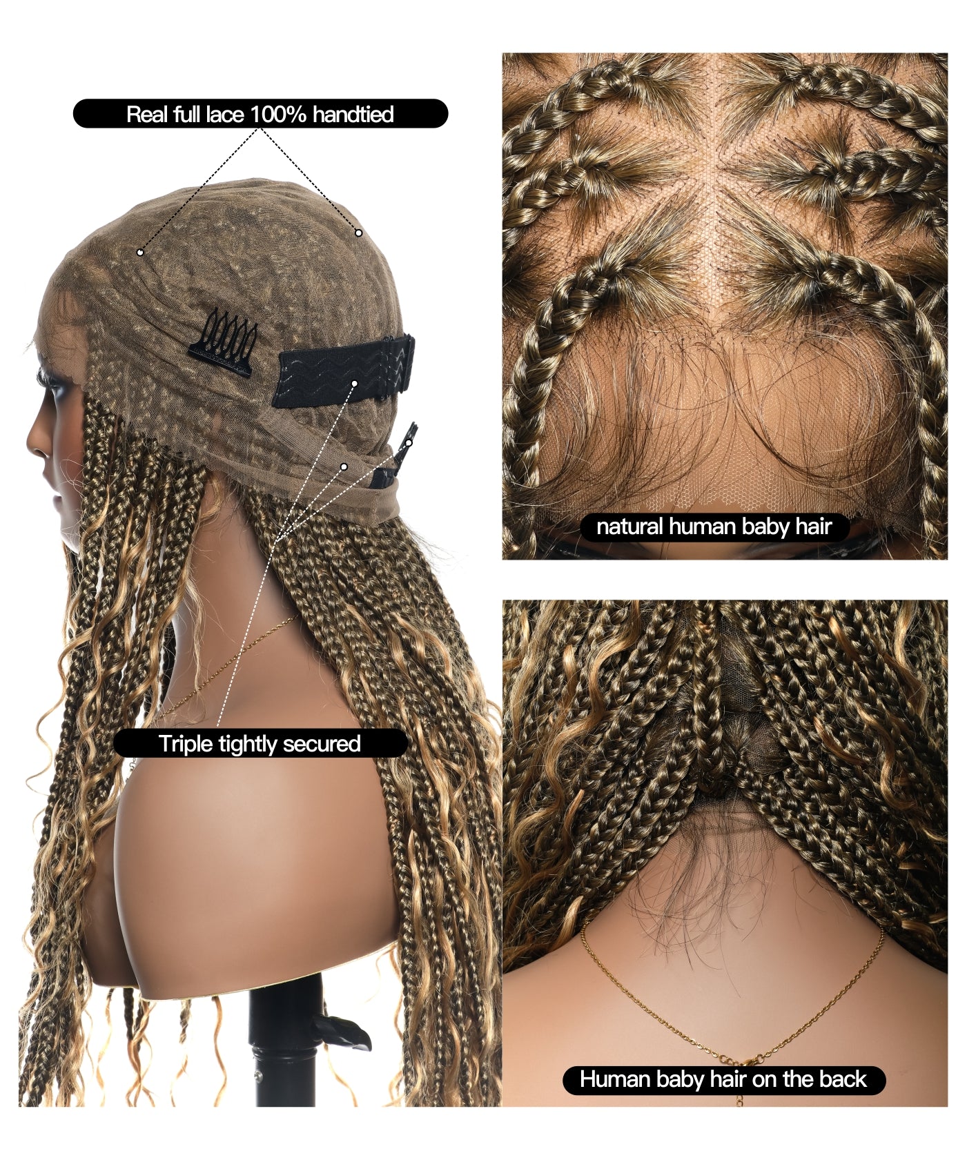 Perruque tressée de type "box braids" avec boucles bohèmes en cheveux humains sans nœuds, à base triangulaire et dentelle complète, sans emmêlement, 36" (États-Unis seulement)