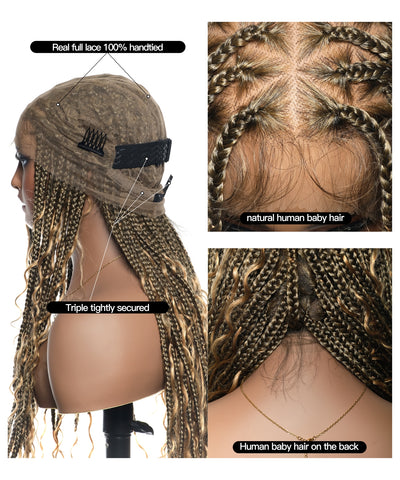 Perruque tressée de type "box braids" avec boucles bohèmes en cheveux humains sans nœuds, à base triangulaire et dentelle complète, sans emmêlement, 36" (États-Unis seulement)