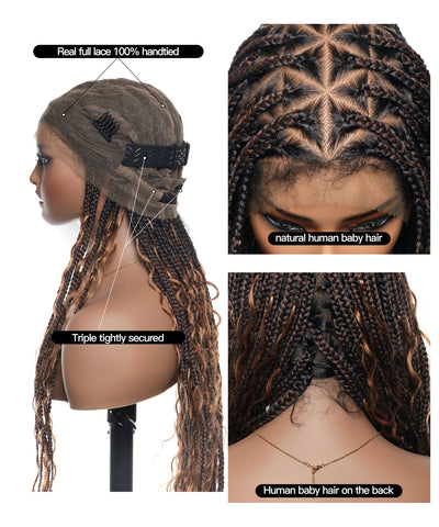 Article en liquidation - Perruque tressée boîte bohème sans nœuds avec boucles bohèmes, cheveux humains, base triangulaire HD, dentelle intégrale, 36"