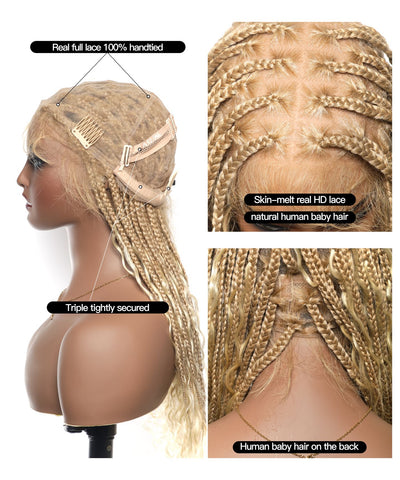 Perruque tressée Boho Box en cheveux humains 24" HD Full Lace Légère 79 mèches 1 boucle et 1 extrémité Boho