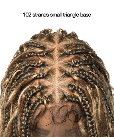 Perruque tressée sans nœuds 102 mèches, base triangulaire haute densité, boucles bohèmes, cheveux humains 14"