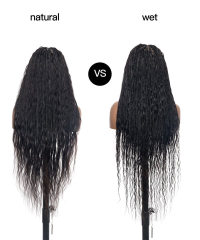 Perruque tressée boîte bohème sans nœuds, cheveux humains ondulés humides, boucles bohèmes, dentelle HD, sans enchevêtrement, très haute densité, 36"