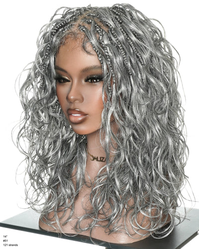 Perruque tressée Full Lace ondulée 35 cm, 70 % poivre et 30 % sel