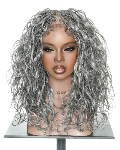 Perruque tressée Full Lace ondulée 35 cm, 70 % poivre et 30 % sel