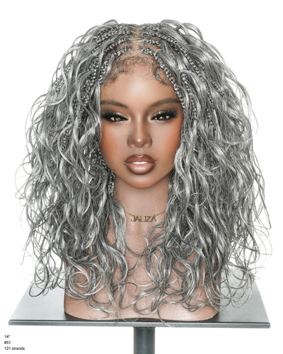 Perruque tressée Full Lace ondulée 35 cm, 70 % poivre et 30 % sel