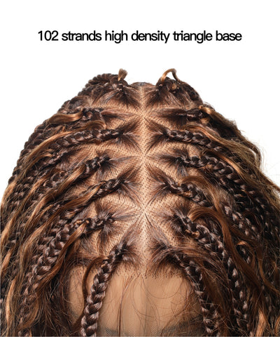 Perruque tressée sans nœuds 102 mèches, base triangulaire haute densité, boucles bohèmes, cheveux humains 14"