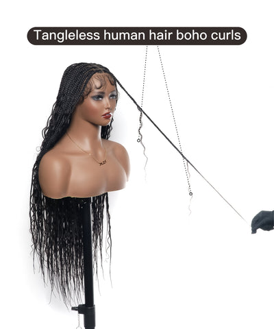 Perruque tressée sans nœuds Boho Curls, cheveux humains sans emmêlement, 32", dentelle HD, 100 mèches - Confort Plus / Dentelle extensible à raccord interne
