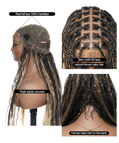 Perruque tressée boîte bohème sans nœuds, cheveux humains pré-décolorés, dentelle HD, couleur miel blond et noir piano, 36", effet mouillé et ondulé, super style