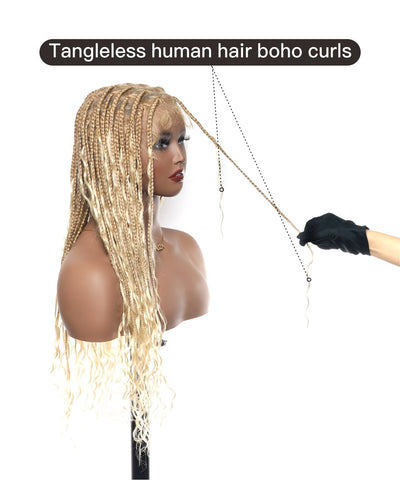 Perruque tressée Boho Box en cheveux humains 24" HD Full Lace Légère 79 mèches 1 boucle et 1 extrémité Boho