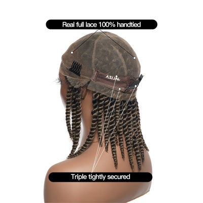 Perruque tressée de 14 pouces, jumbo twist souple pré-décoloré, base en dentelle, HD entièrement en dentelle, cheveux humains