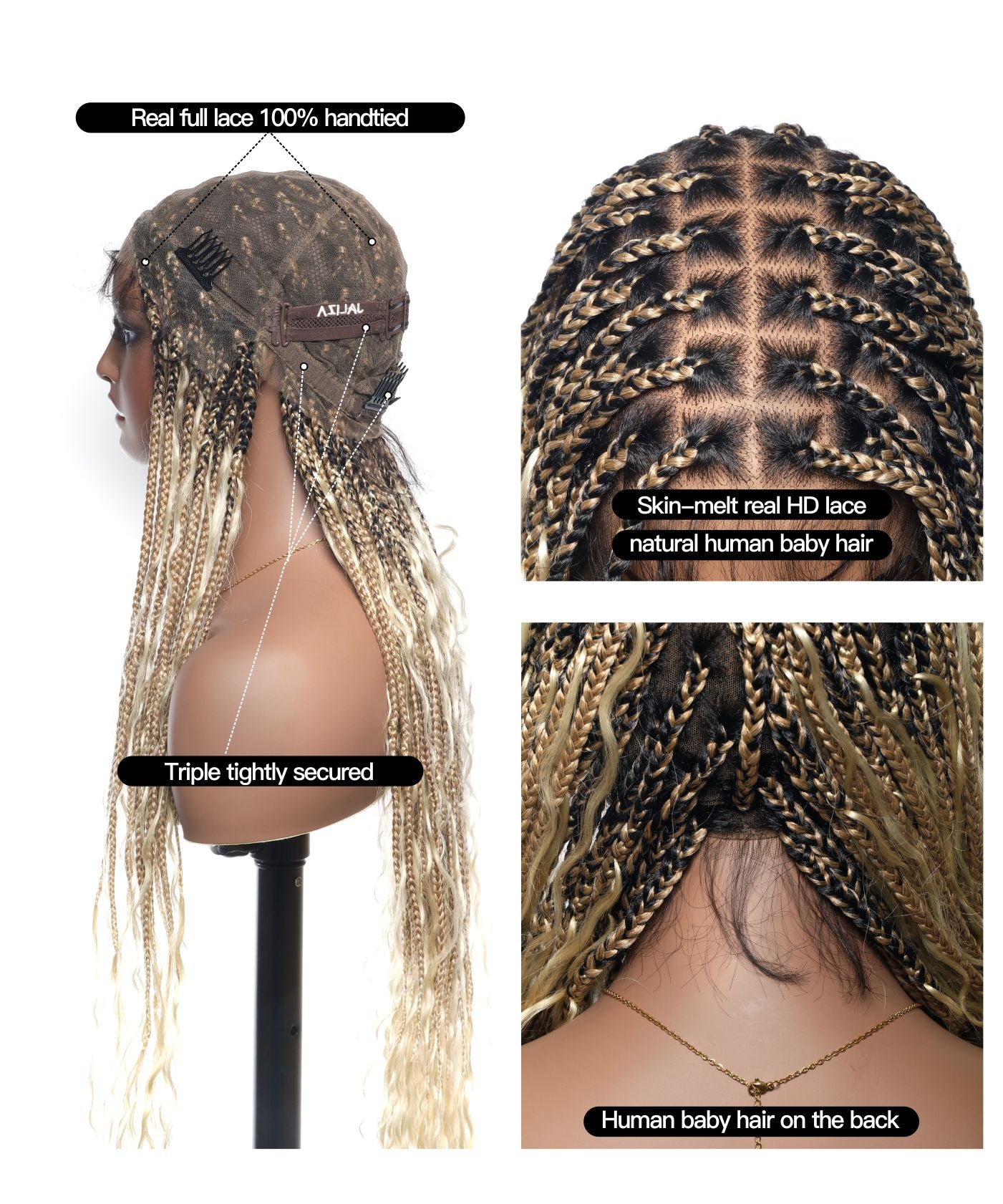 Swiss HD Full Lace Human Hair Boho Curls 36" Knotless Boho Box Braided Wig