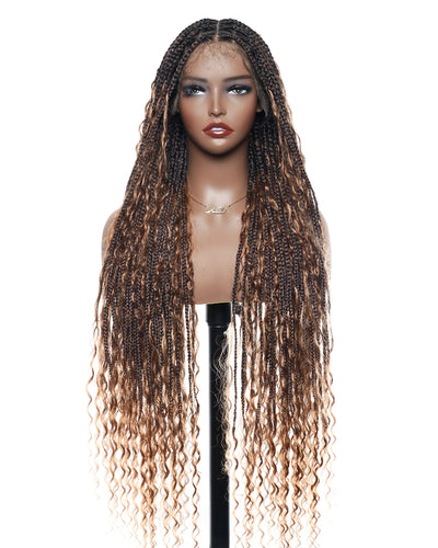 Kiki - Perruque tressée de type "Boho Box Braids" en dentelle suisse HD, pré-décolorée, 36 pouces