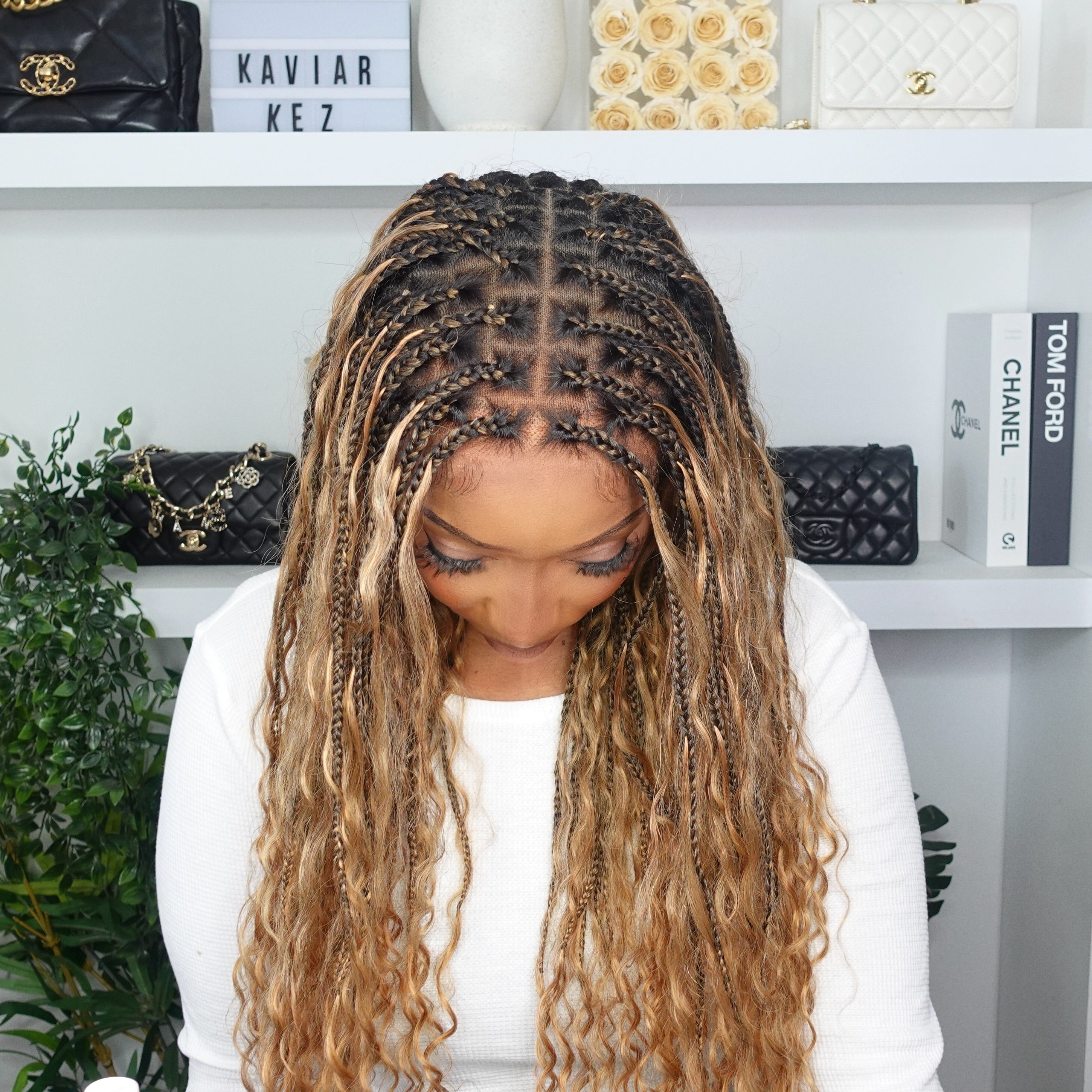 Kiki - Perruque tressée de type Boho, bouclée, en cheveux humains pré-décolorés de 24 pouces, avec base en dentelle suisse HD