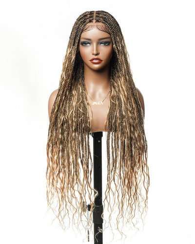 Kiki - Perruque tressée de type "Boho Box Braids" en dentelle suisse HD, pré-décolorée, 36 pouces