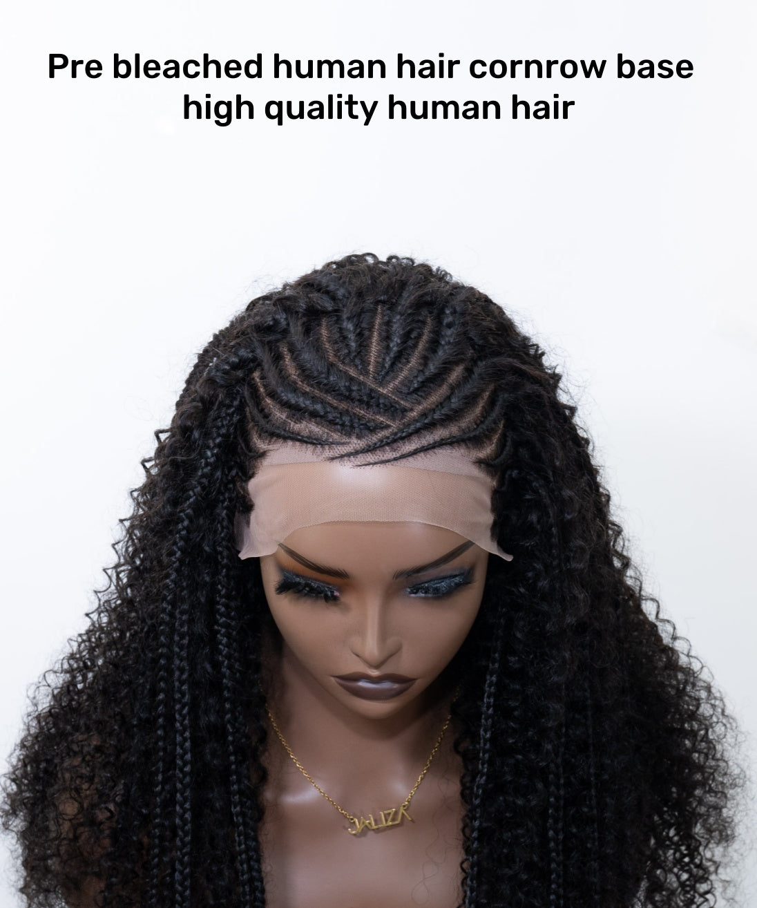 Perruque tressée de style cornrow, en cheveux humains entièrement décolorés, avec dentelle.