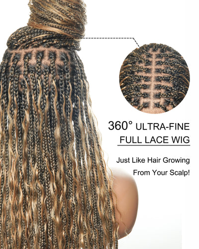 Kiki - Perruque tressée de type "Boho Box Braids" en dentelle suisse HD, pré-décolorée, 36 pouces