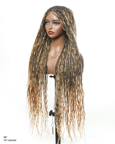 Kiki - Perruque tressée de type "Boho Box Braids" en dentelle suisse HD, pré-décolorée, 36 pouces