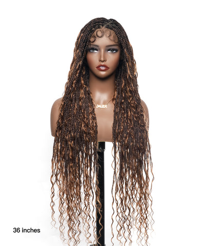 Perruque tressée carrée bohème sans nœuds, cheveux humains, base triangulaire, boucles bohèmes 36" HD, densité totale, 99 mèches