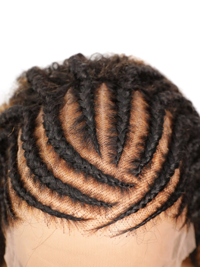 Perruque tressée de style cornrow, en cheveux humains entièrement décolorés, avec dentelle.